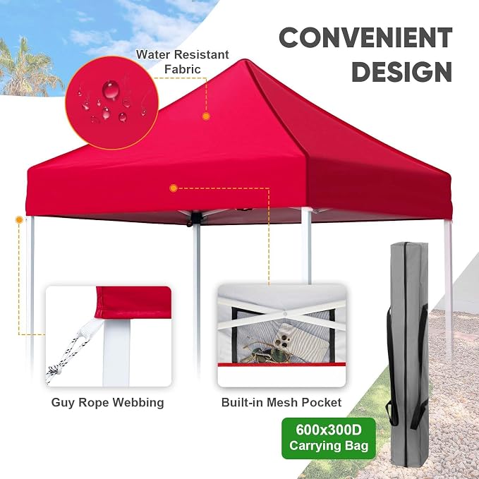 COOS BAY 5x5 Pop Up Canopy Tent, Portable Lightweight Sun Shelter with Carry Bag, Easy Setup Outdoor Canopy for Beach, Camping, Sports & Backyard Shade, Red