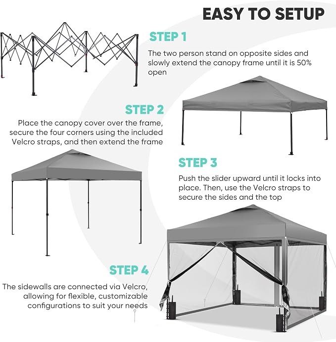 GDY 10x10 Pop-up Canopy Tent with 4-Mosquito Nettings, Outdoor Screen Gazebo with 4 Sandbags, 4 Ropes & 8 Stakes, 3-Level Height Adjustment for Patio, Camping, and Backyard, Grey