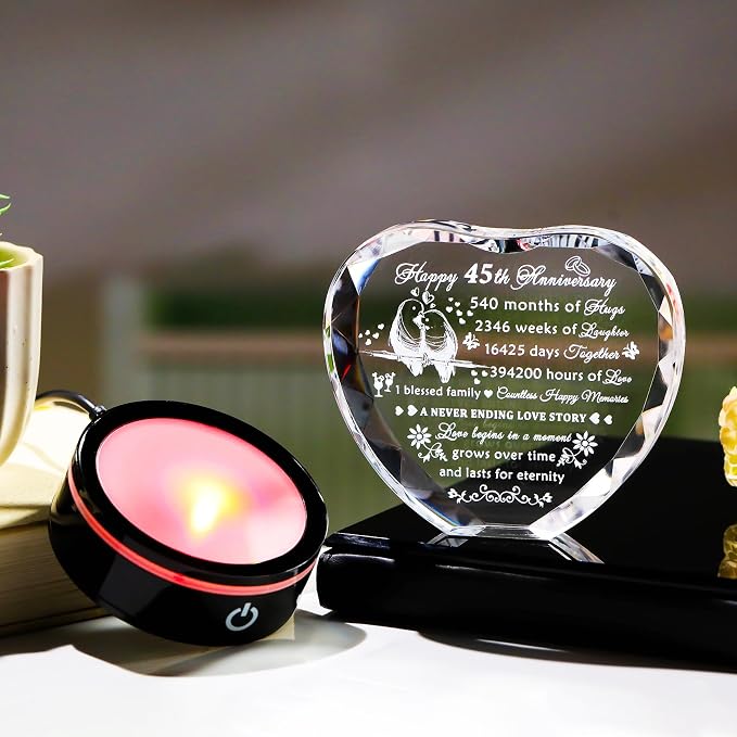 YWHL 45th Wedding Anniversary Crystal Heart Gifts for Couple Parents, Laser Engraved Romantic 45 Year Anniversary Crystal Keepsake Gifts for Wife Husband, 45 Years of Marriage Gifts for Her Him