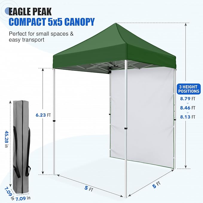 EAGLE PEAK Pop up Canopy 5x5, Outdoor Portable Canopy Tent with One Removable Sunwall, Carry Bag Included, Green