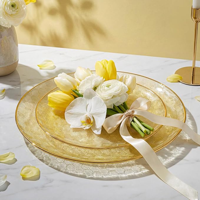 Festiva 60PCS Clear Yellow Gold Plastic Plates - Heavy Duty Fancy Disposable Plates With Gold Rim -serve for 30 guests Include 30PCS 10.25" & 30PCS 7.5" Honeycomb Design Plates for Party(Yellow)