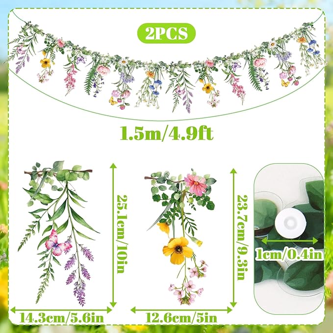 SUNBEAUTY Wildflower Banner 2 Pcs Garden Party Flower Spring Summer Reusable Waterproof Garland 9.8FT for Enchanted Garden Woodland Tropical Wedding Baby Shower Birthday Tea Supplies Girl Decorations