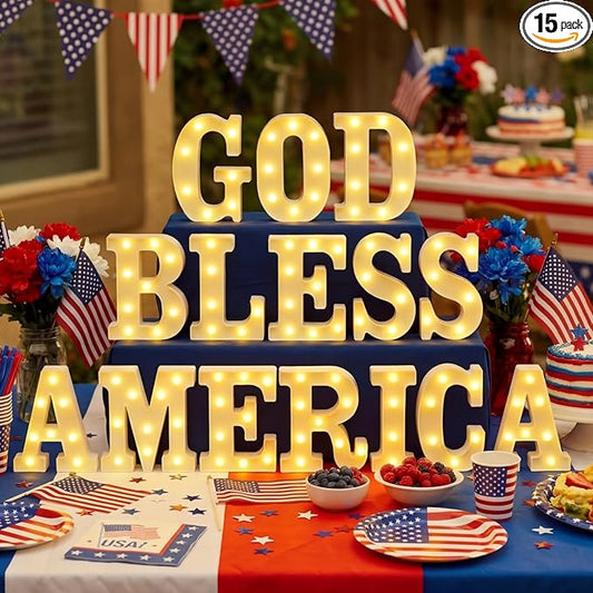 Aurelema 15 Pcs Patriotic Decorations 6.4 Inch God Bless America LED Letter Lights Sign 4th of July Table Decoration for Patriotic Welcome Memorial Day