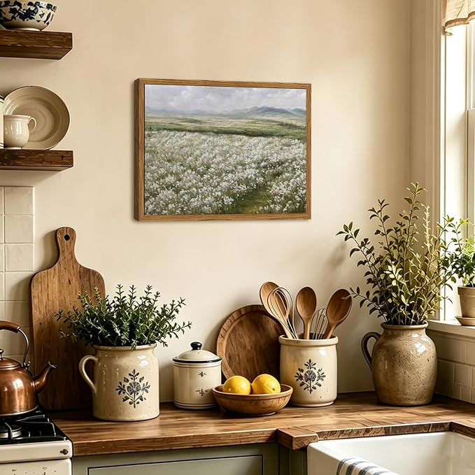 Framed Vintage Landscape Wall Art, Country Wildflower Field Pictures Wall Decor, Rustic Nature Flower Paintings Canvas Prints Farmhouse Home Decor for Living Room Bedroom Bathroom 8x10 inch