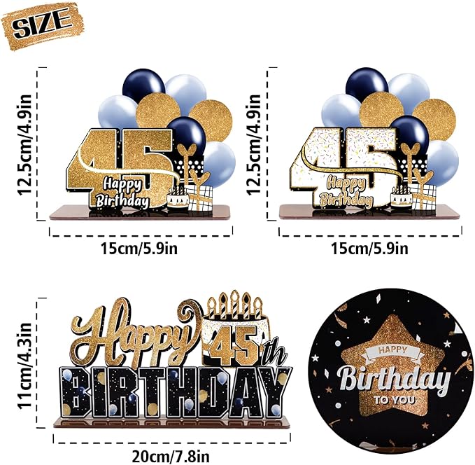 LINGTEER Happy 45th Birthday Gold Acrylic Table Topper Centerpieces Set - Cheers to 45 Years Old Birthday 45th Bday Party Gift Decorations.