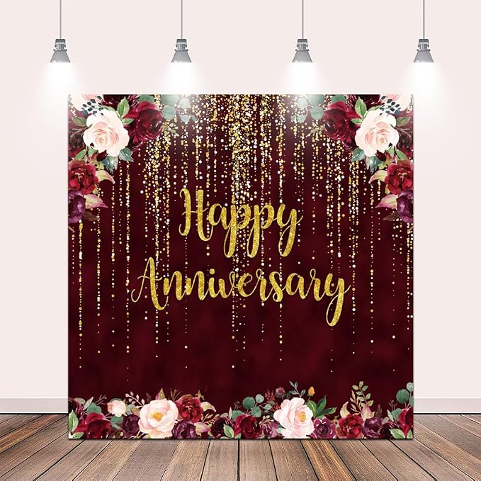 10x10ft Happy Anniversary Backdrop, Gold Glitter Burgundy Wedding Anniversary Background 1st 40th 50th 71th Couple Wedding Women Birthday Floral Party Decorations Cake Table Decor
