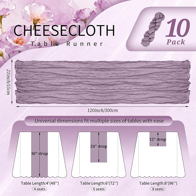 10 Pack Purple Cheesecloth Table Runner 10FT Boho Gauze Cheese Cloth Table Runners Romantic Rustic Sheer Table Decorations for Wedding Party Baby Shower Birthday Holiday Home