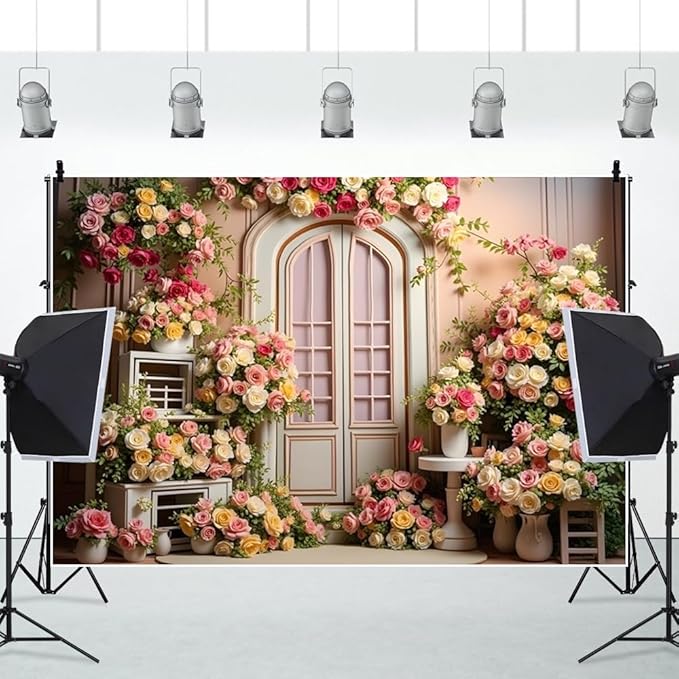 ChloropLastid 10x8ft Wedding Floral Backdrop Pink White Blooming Flowers Photography Background Retro Door Wedding Engagement Bridal Shower Birthday Party Supplies Portrait Photo Booth Props