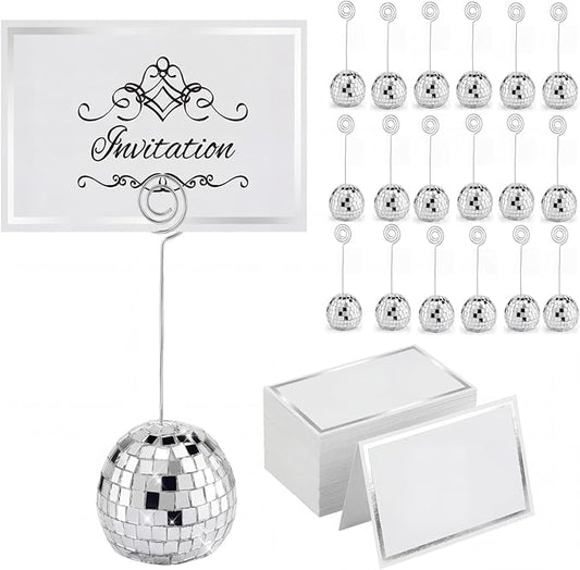 Maitys 180 Pcs Disco Ball Table Number Holders Disco Bachelorette Party Decor Silver Place Card with Swirl Wire Name Cards Photo Stand Clips Picture Holder for Wedding Party Favor (2 Inch)