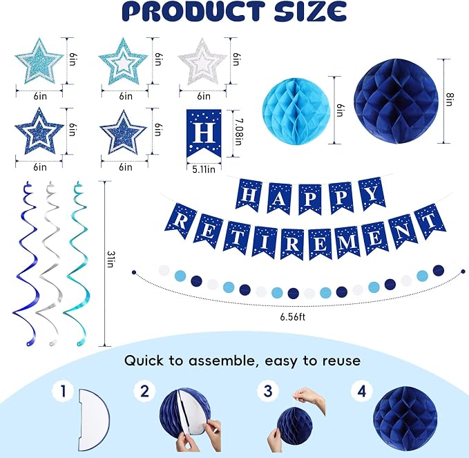 Happy Retirement Party Decorations for Men Women Blue Silver Happy Retirement Banner Honeycomb Balls Pentagram Hanging Swirl Streamers Circle Dots Garland