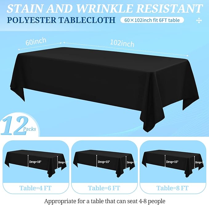 12 Pack Black Tablecloths for Rectangle Tables 60 x 102 Inch Black Polyester Tablecloth 6 Foot Rectangle Table Cloth Wrinkle Resistant Washable Fabric Table Cover for Party Wedding Banquet Events