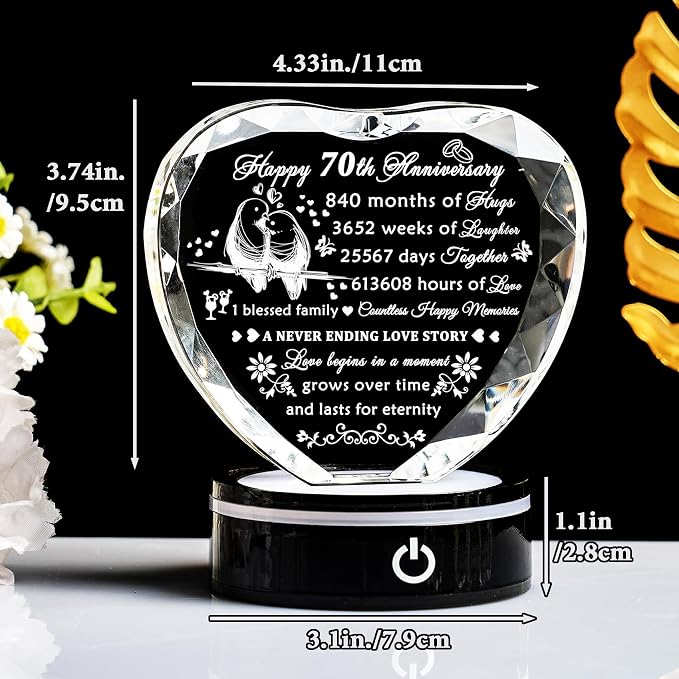 YWHL 70th Wedding Anniversary Crystal Gift For Couple Parents With LED Base, 70th Anniversary Heart Keepsake For Wife, Husband, Grandparents, Laser Engraved 70 Years Of Marriage Gift For Her, Him