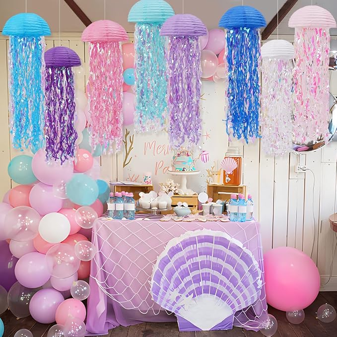 Mermaid Birthday Decorations, Jellyfish Paper Lanterns Pink Purple Blue White Hanging Lantern for Mermaid Birthday Party Baby Shower Under The Sea Ocean Decorations Pack of 8