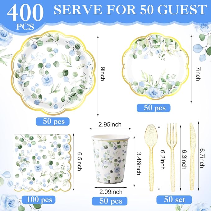 400 Pcs Sage Green Color Party Supplies Serve 50 Guests Eucalyptus Flowers Disposable Paper Plates Napkins and Cups for Bridal Baby Shower Birthday Wedding Party Decorations(Blue,Chic)