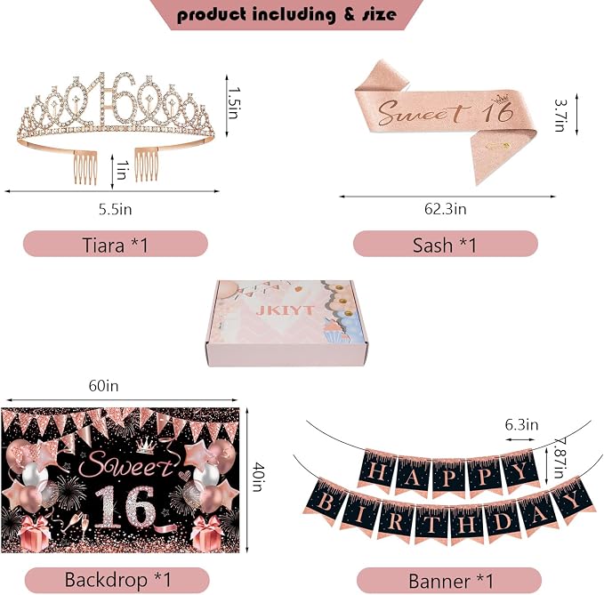 Sweet 16 Party Decorations, Happy 16th Birthday Decorations for Girls, Black Rose Gold Sweet Sixteen Decor Include Sash and Crown, Balloons, Banner, Backdrop, Cake Topper & 6pcs Paper Pom Poms