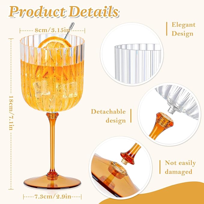 48 PCS Plastic Ribbed Wine Glasses 11oz Clear and Amber Detachable Wine Goblet Unbreakable Vintage Ripple Water Goblets Cocktail Drinking Cups for Parties Weddings Poolside Outdoors