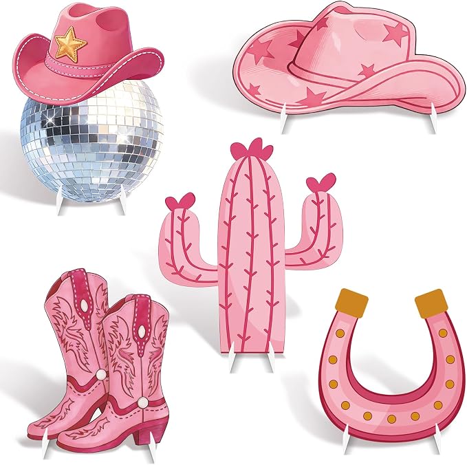 5 Pcs Large Disco Cowgirl Cardboard Cutouts, Pink Western Cowgirl Stand up Party Yard Signs Decoration for Last Disco Coquette Bachelorette Rodeo Birthday Party Supplies Photo Booth Props
