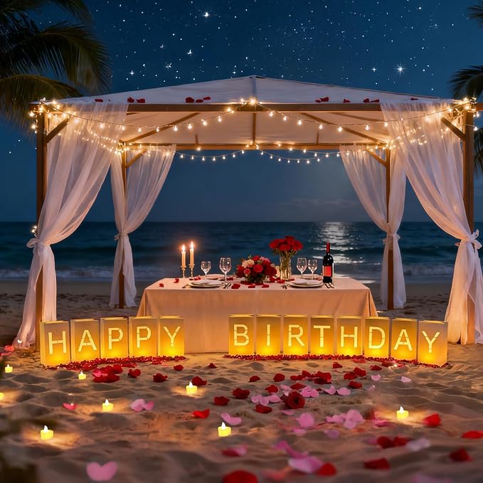 Happy Birthday Decorations for Women Men, Light Up Letters Luminary Bags with 30PC Bright LED Candles and 2000PC Fake Rose Petals, Surprise Birthday Party Banner Signs