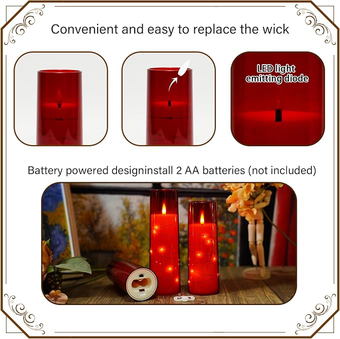 Nimiko Flickering Flameless LED Candles,Battery Operated Candles 9 Pcs with Embedded Star String,Acrylic LED Pillar Candles with Remote,Suitable for Home Decoration to Create an Atmosphere（Red）