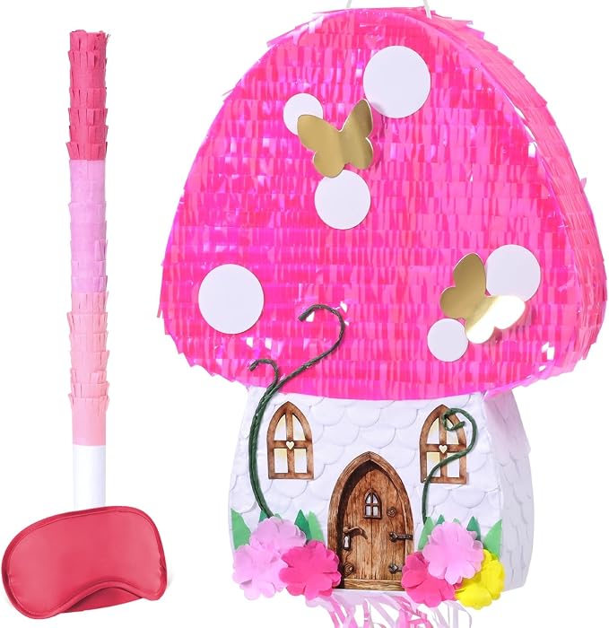WERNNSAI Mushroom Piñata - Fairy Flower Butterfly Piñata with Stick and Blindfold, for Mushroom Birthday Party Decor, Summer Forest Games, Carnivals Supplies (16.5"x12.4"x3")