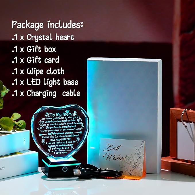 Arikyrist Mom Gifts from Daughter Son Heart Crystal Keepsake to My Mom with Colorful LED Light Base Best Mom Ever Gifts on Birthday Rrtirement Anniversary