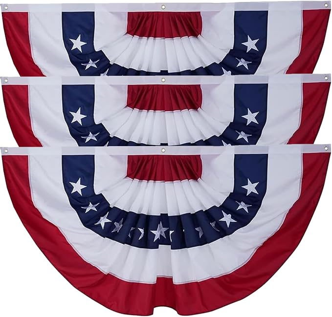 Bradford American Bunting Flags 3X6 ft 3 Pack for Outdoor, Embroidered USA Bunting Flags with 3 Brass Grommets, US Pleated Fan Flag Patriotic Half Fan for 4th of July 250 Anniversary