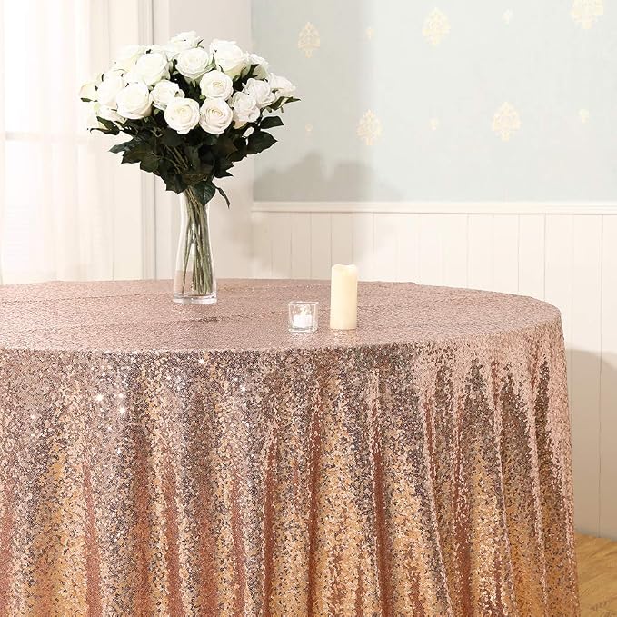 Juya Delight 108-Inch Round Rose Gold Sequin Tablecloth for Wedding Birthday Party Festival Ceremony Dessert Table