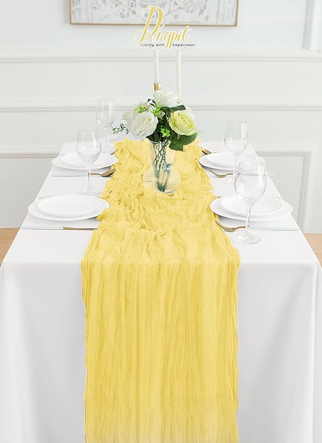 4Pack Light Yellow Cheesecloth Table Runner 10FT Gauze Cheese Cloth Table Runner 35x120Inch Long Boho Spring Easter Table Runners Rustic Sheer Table Runners for Wedding Baby Bridal Shower Decor