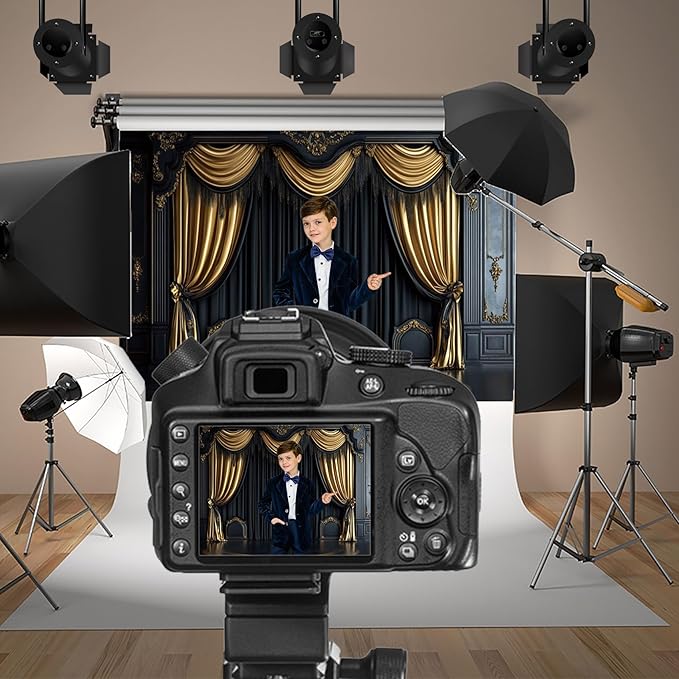 Baocicco Royal Black Wall Backdrops 7x5ft Gold Curtain Luxury Theater Stage Background VIP Shows TV Shows Backdrops Wedding Birthday Party Decors Graduation Ceremony Banner Photo Studio Props