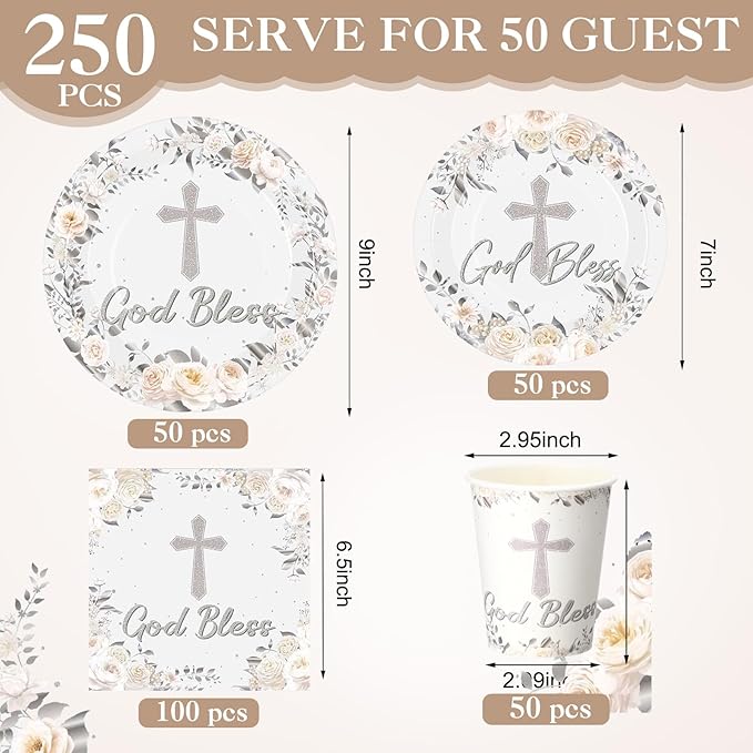 Pickmesh 250 Pcs Silver Baptism Cross Disposable Tableware Set Confirmation Baptism Disposable Paper Plates Napkins Cups for First Holy Communion Christening Baby Shower Religious Supplies, Serve 50