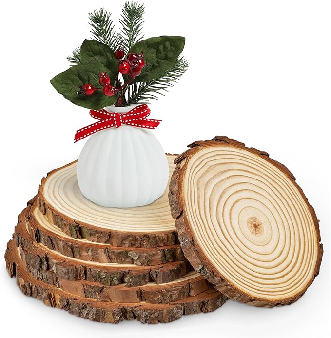 Large Unfinished Natural Wood Slices - 6 Pcs Natural Round Discs Rustic Wood Slices 7.1-9.8 Inch Wooden Tree Bark Discs for DIY Crafts Centerpieces Table Base Decoration Wedding Ornaments Coasters