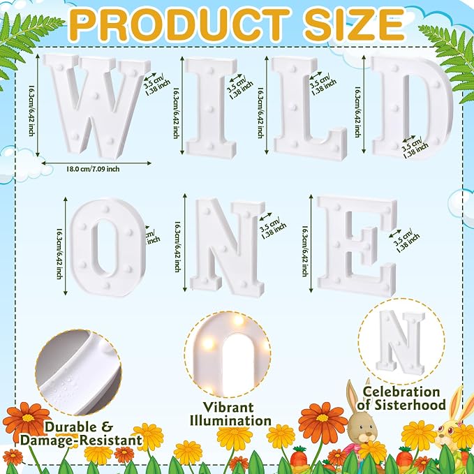 Honoson 7 Pcs Wild One Birthday Party Decorations Wild One Neon Light Sign, 1st Birthday Decorations for Boy or Girl, Warm Lights Decoration for Jungle Animals Theme Party Baby Shower Decoration