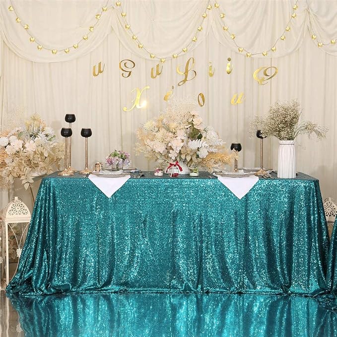Eternal Beauty Teal Tablecloth, 90x132 Inch Sequin Rectangle Table Cover for Cake Dessert Exhibition Party Birthday Events