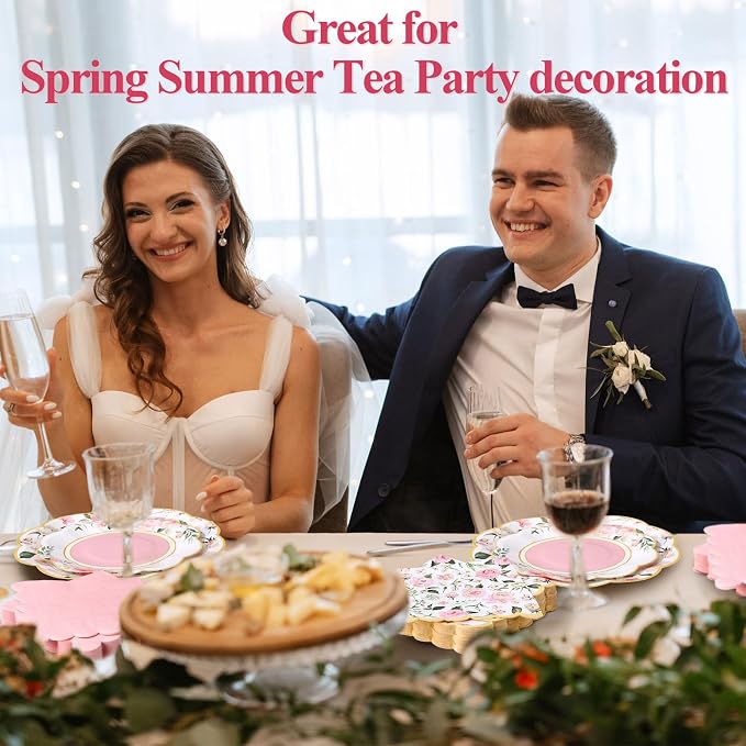 Funnymoom 200 Pcs Wild Floral Party Supplies Pink Flower Disposable Paper Dinner Dessert Plates Luncheon Napkins Beverage Napkins for Wedding Birthday Baby Shower Bridal Tea Party Serves 50 Guests