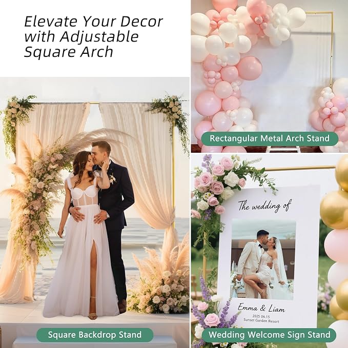 Wedding Arch Backdrop Stand Square 6.6FTx6.6FT Gold Metal Balloon Arch Stand Garden Arbor Backdrop Frame for Wedding Birthday Party Baby Shower Photo Booth Background Decoration