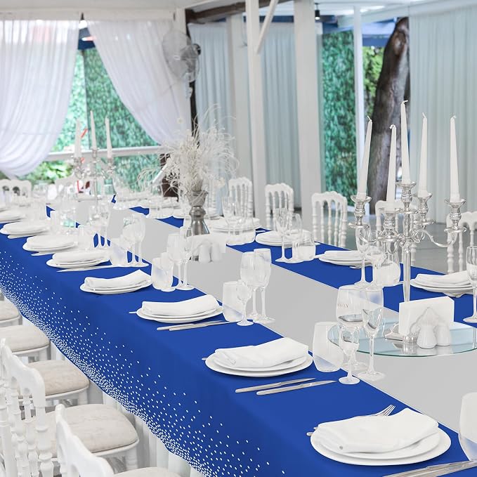 12 Pack Blue and Silver Tablecloth and Table Runner Party Decorations, Blue and Silver Plastic Disposable Tablecloth and Satin Table Runner for Wedding Birthday Bridal Graduation Anniversary Party