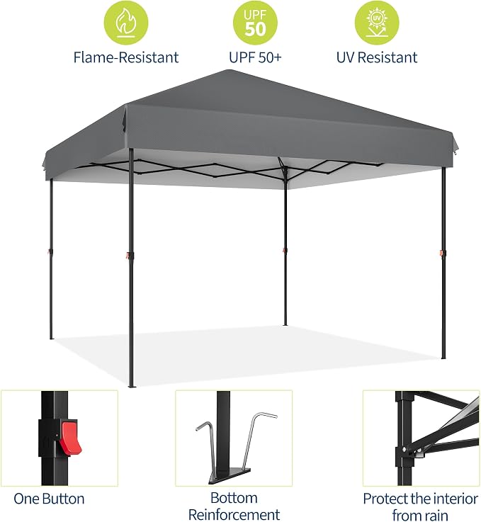 10x10 Heavy Duty Pop Up Canopy – One-Person Setup Outdoor Tent with Roller Bag, Adjustable Heights, Sandbags, Stakes & Ropes – Instant Grey Shelter, No Sidewalls