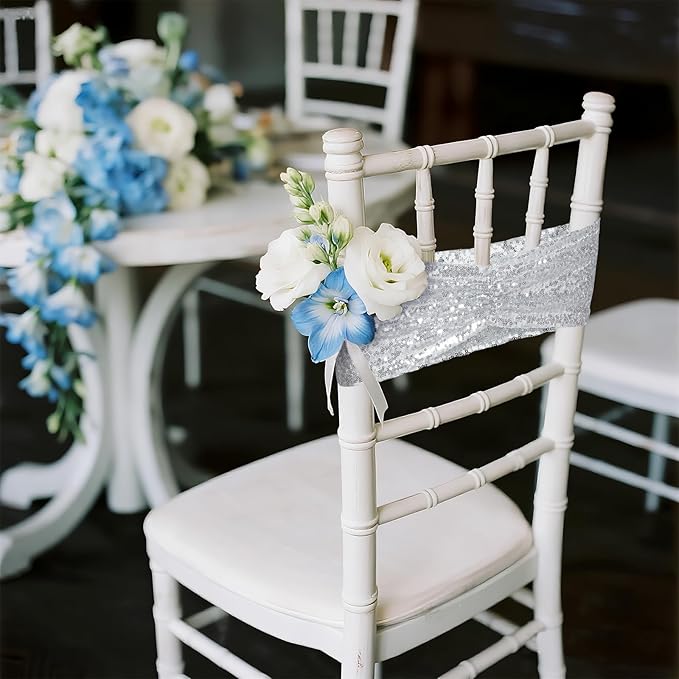 Poise3EHome Silver Sequin Chair Sashes, Double Sided Glitter Folding Chair Covers Bow for Party Wedding Banquet Reception Decorations, 50 PCS