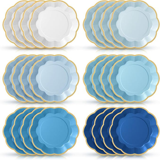 72 Pcs Blue Paper Plates 9 Inch Gradient Blue Scalloped Paper Disposable Dinner Dessert Plates for Birthday Wedding Bridal Party Supplies, 6 Colors
