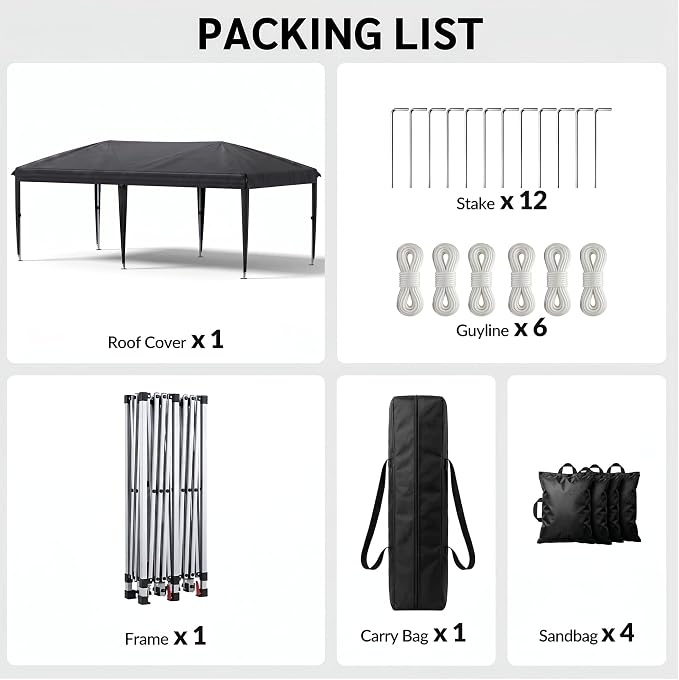 10x20 FT Portable Pop Up Canopy Tent with Sandbags, Adjustable Height Instant Gazebo Without Sidewalls,Waterproof Outdoor Canopy for Camping, Parties, Vendor Events (Black, 3m × 6m Without sidewalls)