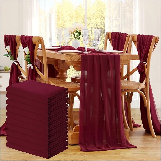Burgundy Chiffon Table Runners 10 Pieces 14x120 Inches Sheer Table Runner for Weddings Baby Shower Birthday Party Table Top Decoration