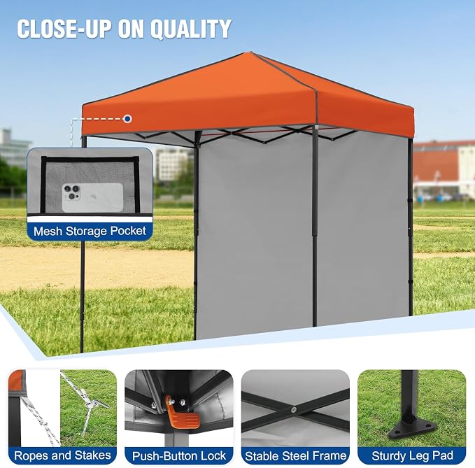 6x4 Pop Up Canopy Tent with One Wall Panel, Instant Portable Beach Canopy, Outdoor Tent with Carry Bag for Camping, Sports, Tailgating, Events, Orange