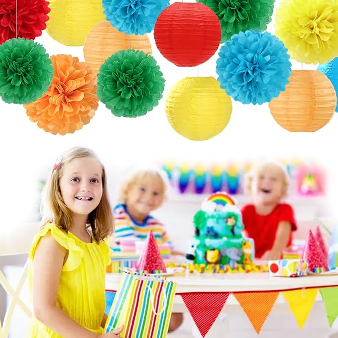 Rainbow Colorful Party-Decorations Paper-Flowers - 15pcs Welcome Back to School Tissue Pom Poms Lanterns Streamers,Carnival Video Game Kids Birthday Graduation Baby Shower Hanging Supplies Hugfond