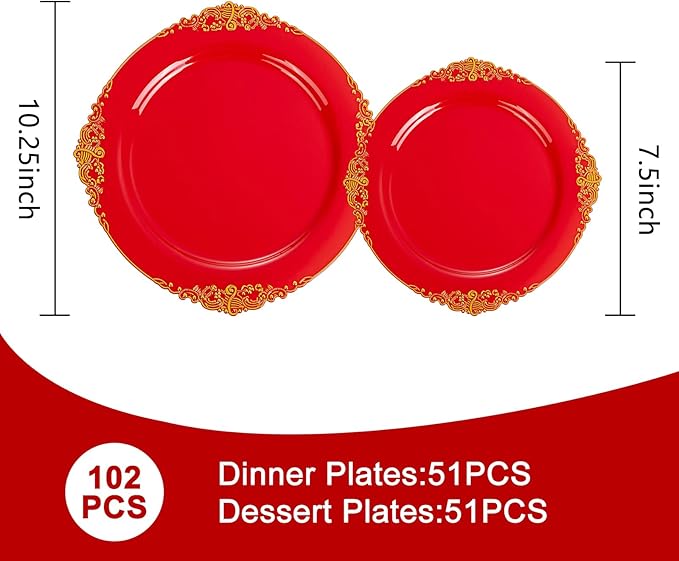 102PCS Red and Gold Plastic Plates - Red Plates Disposable - Vintage Plastic Plate with Gold Rim Include 51PCS Dessert & 51PCS Dinner Plate Perfect for Weddings & Party