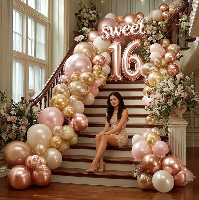 Rose Gold Balloon Garland 112pcs Double Stuffed Pearl Pink Balloons Different Sizes of 18 12 5 Inch Metallic Gold Champagne Balloon Arch Kit for Birthday Baby Shower Bridal Wedding Party Decor