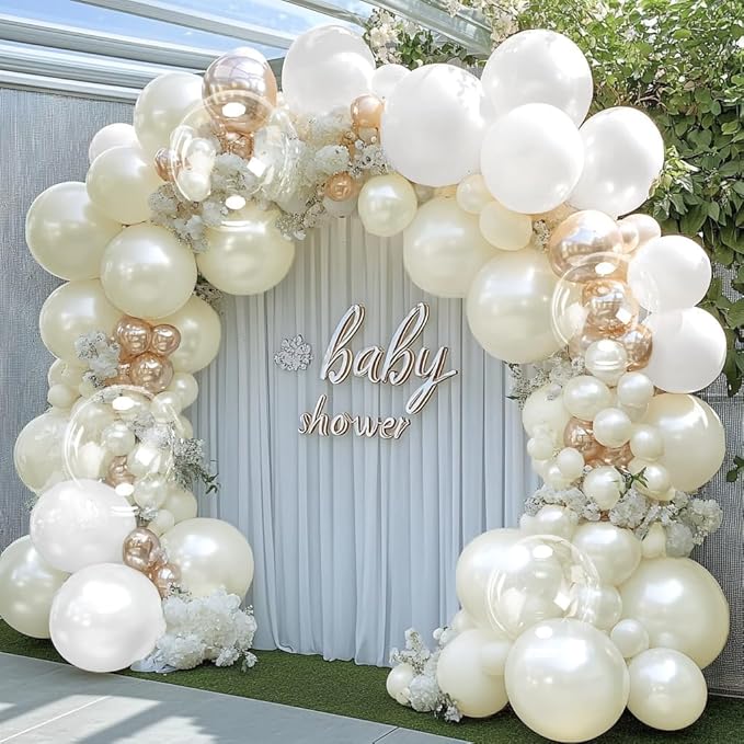 Pearl Ivory White Balloon Arch Double Stuffed Pastel White Ivory Cream Beige Balloon Garland Kit Different Sizes With Clear Balloons for Birthday Wedding Bridal Baby Shower Mothers Day Party Decor