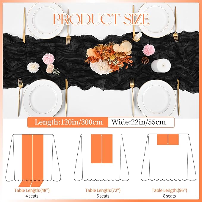 8 Pack Black Cheesecloth Table Runner 120 Inch 10FT Spring Boho Rustic Sheer Gauze Cheese Cloth Table Runner for Wedding Baby Shower Birthday Party Table Decor