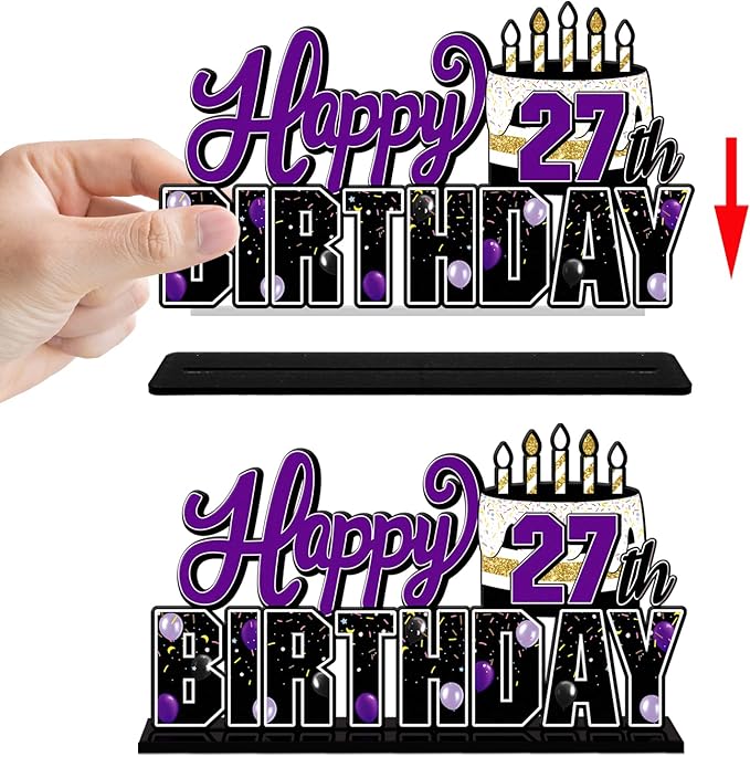 LINGTEER Happy 27th Birthday Purple Acrylic Table Topper Centerpieces Set - Cheers to 27 Years Old Birthday 27th Bday Party Gift Decorations.