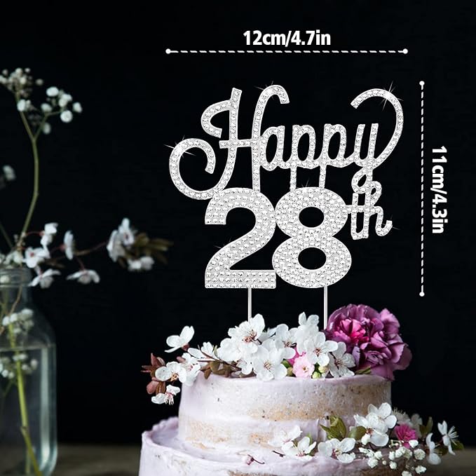 LINGTEER Happy 28th Birthday Silver Rhinestone Cake Topper - Cheers to 28th Birthday 28 Years Old Anniversary Party Cake Centerpieces Topper Decorations Gift Sign.