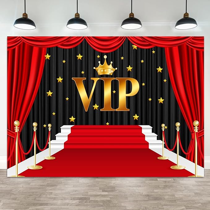 12x10ft VIP Backdrop Red Carpet Gold Crown Photography Background Golden Stars Film Night Music Party Banner Decorations Boys Girls Kids Birthday Parties Newborn Baby Shower Photo Booth Prop
